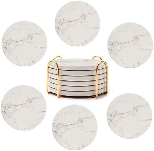4inch Round White Marble Coaster with Gold Storage Rack 6pcs by Unknown