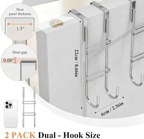 FYY 2 PCS Over the Door Hooks, Heavy Duty Double Hanger with Non-Slip Pads, No-Drill Metal Hook for Hanging Coats Towels Robes Closet Bathroom Bedroom, Fits 1.5" Door Thickness, 7.87" Long,Chrome - Image 4