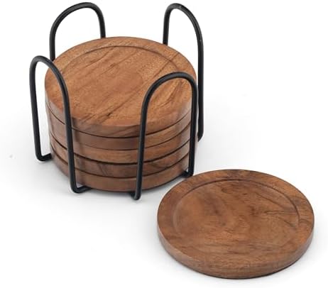 Acacia Wood Round Coasters Set of 6 with Holder – Absorbent Drink Coasters for Coffee & Dining Tables, Farmhouse Home Decor Bar Accessories, Housewarming Gift by LeatherLatch