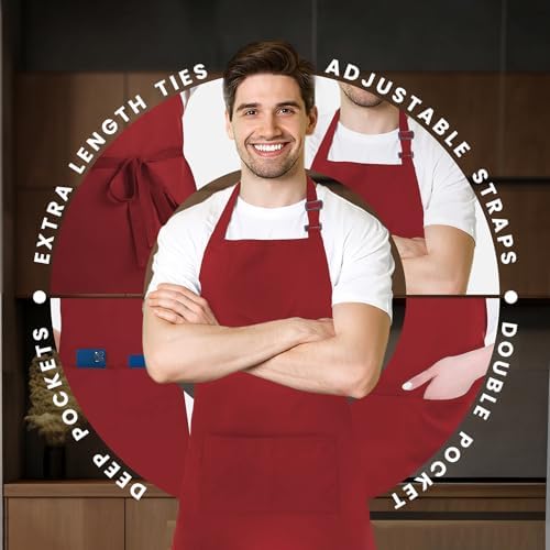 Adjustable Bib Apron 100% Polyester Kitchen Aprons Waterdrop Resistant Aprons with Adjustable Strap, Pockets & Long Ties - Image 4