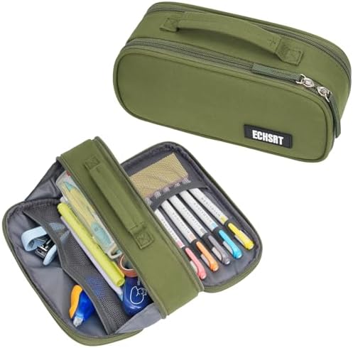 ECHSRT Large Tactical Pencil Case, 3-Compartment Zipper Pouch, Olive Green by ECHSRT
