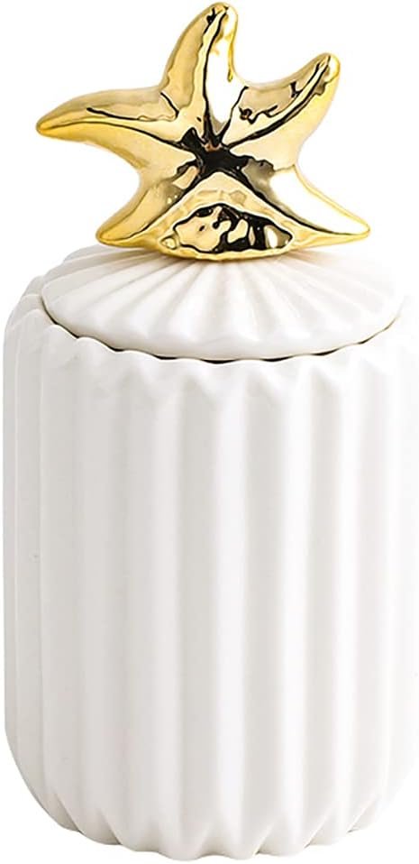 Cotton Swab Holder Qtip, Q-Tips Container with Lid, Ceramics Cotton Ball Canister Canister Toothpick Holder Dispenser for Vanity Dresser Counter Bathroom (Starfish)