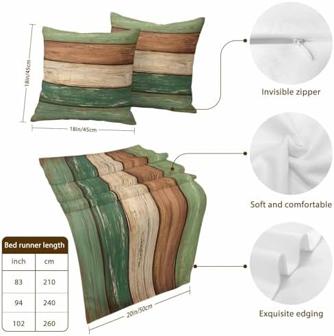 Bed Runner for Cal. King Size Bed, Farmhouse Dark Sage Green Brown Decorative Beds Runners and 2 Matching Pillow Covers Set, Vintage Wooden Striped Beds Scarf Throw for Foot of Bedding Set for Hotel - Image 3
