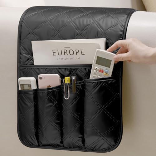Remote Control Holder for Armchair, Couch Recliner Chair Caddy, Non-Slip Arm Chair Caddy for Recliner with 5 Pockets for Table, Ipad, Magazines, Arm Chair Bedside Caddy Storage Organizer (Black) by DECKALY