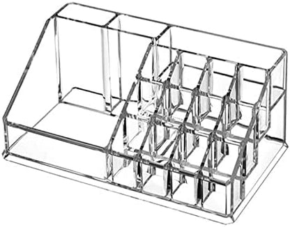 Acrylic Makeup Organizer Cosmetic Storage Makeup Display Case Makeup Brush Holder Lipstick Dispenser Canister Bathroom Container (8.7x 5 x 3.2 in, 16 Partitions, Transparent)