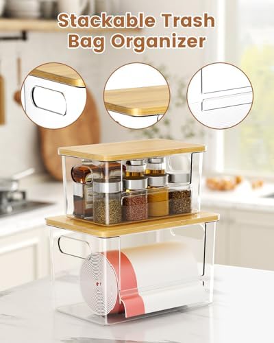 Trash Bag Dispenser 2-Pack, Stackable Trash Bag Holder with Bamboo Lid – Clear Plastic Garbage Bag Organizer for 13/30/33 Gal Bags, Space-Saving Under Sink Organizer for Kitchen, Laundry, Pantry - Image 2