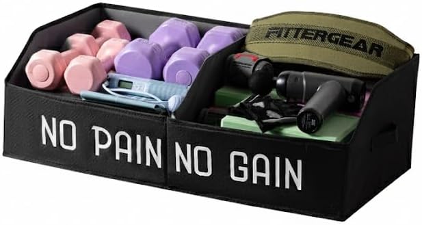 Fabric Home Gym Storage Box, Foldable Workout Equipment Storage Organizer with Bottom Board & Handles, Gym Shelf for Loop Bands, Yoga Blocks, Yoga Strap, Wrist Wraps-Black
