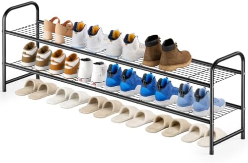 KEETDY 2-Tier Long Shoe Rack for Closet Metal Shoe Organizer for Entryway, Wide Stackable Shoe Storage Shelf with Sturdy Wire Grid for Closet Floor, Bedroom, Black by KEETDY