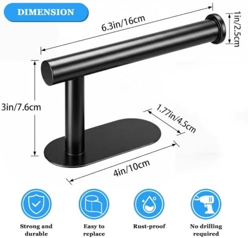 Toilet Paper Holder, Black Stainless Steel, Self-Adhesive No Drilling - Image 2