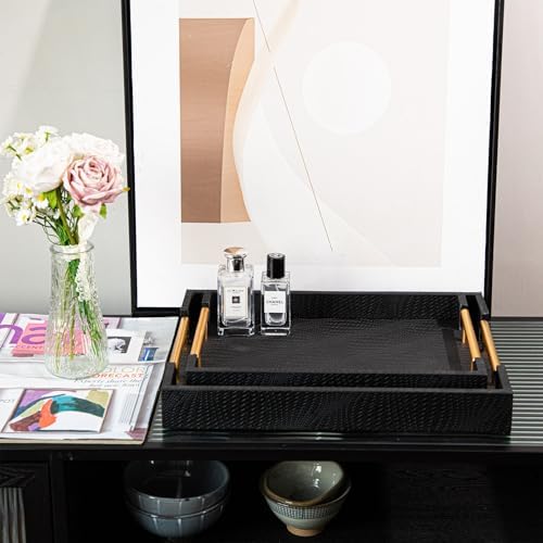 2 Piece Woven Leather Ottoman Tray with Gold Handles, Perfect Rectangular Serving Tray for Living Room, Coffee Table Tray as Thoughtful Gift for Home Decor Enthusiasts (Black) - Image 6