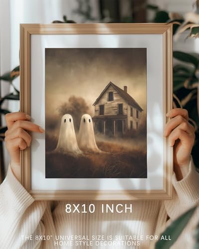 Vodefoad Retro Cute Ghost Decor Halloween Painting Spooky Silhouette Ghosts Haunted House Art Victorian Ghost Posters Pictures for Living Room, Bedroom, Bathroom, halloween Room decor - 8x10 Inch Unframed - Image 4