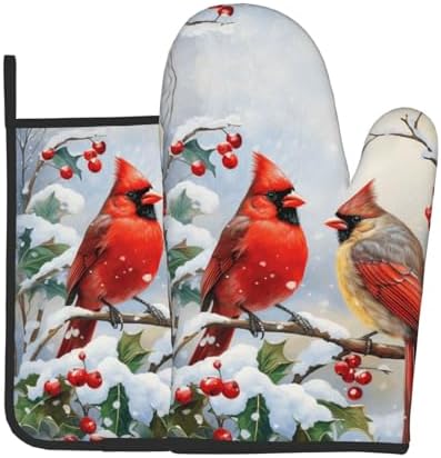 Vintage Winter Oven Mitts and Pot Holders Sets Classic Red Bird Prints Oven Mitts Heat Resistant Snow Tree Kitchen Gloves Hot Pads Two Piece Set for Cooking Baking Grilling BBQ by Unknown