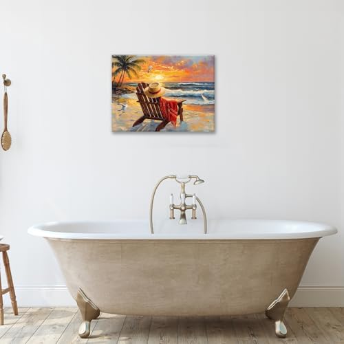 Beach Coastal Bathroom Pictures Wall Art, Seaside Ocean Bathroom Wall Decor, Sunrise Palm Framed Painting Canvas Artwork for Bedroom Living Room Decorations 16" L x 12" W - Image 6