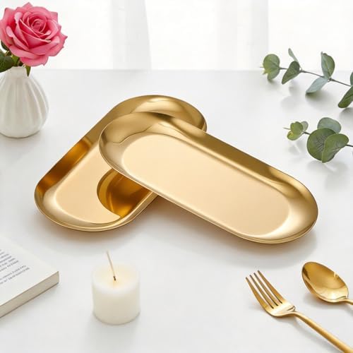 Vaincre 2PCS 7" Gold Stainless Steel Oval Jewelry Tray Ring Holder Dish - Image 3