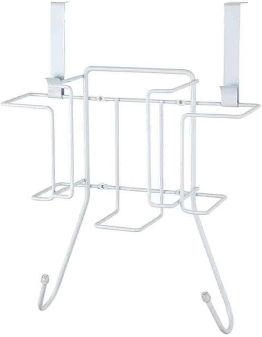 Sunbeam Laundry Room Metal Over the Door Hanging Ironing Board Holder and Organizer, Holds Standard Size Iron, Board, Spray Bottles, Starch, Fabric softener, White finish