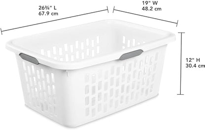 Large Plastic Laundry Basket, Clothes Hamper, Rectangle Bin with Grip Handles, for Home, Dorm, and Apartments, White, 2 Bushel Capacity