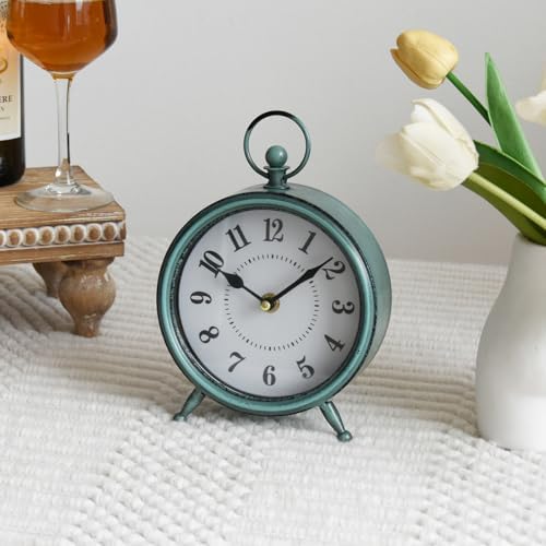 Vintage Small Rustic Green Table Clock on Stand - Decorative Desk and Shelf Clock, Battery Operated, Silent Non-Ticking Timepiece Perfect for Office, Living Room, and Bedroom Decor by MACVAD