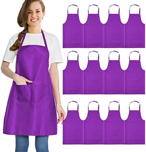 12 pcs Purple Aprons Bulk Waterdrop Resistant for Women Men Kitchen Cooking Grilling Aprons with 2 Pockets (24x28 inch, Purple)… by multifuns