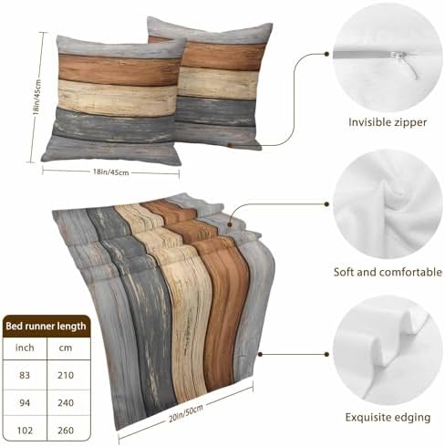 Bed Runner for King Size Bed, Farmhouse Haze Blue Brown Decorative Beds Runners and 2 Matching Pillow Covers Set, Vintage Wooden Striped Beds Scarf Throw for Foot of Bedding Set for Hotel/Bedroom - Image 3