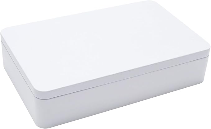 White Metal Tin Box with Lid, 8.5 x 5.3 x 1.9 Inch Rectangular Empty Tin Box for Home Storage