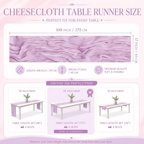 6 Pack Lavender Cheesecloth Table Runner 17x108 Inch Boho Rustic Semi Sheer Gauze Cheese Cloth Table Runner for Wedding Bridal Shower Baby Shower Party Farmhouse Dining Table Decor - Image 3