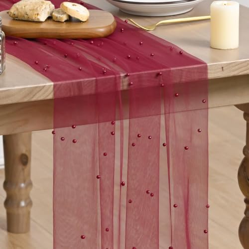 Artoid Mode Pearl Burgundy Gauze Table Runner 10FT Home Decor by ArtoidMode