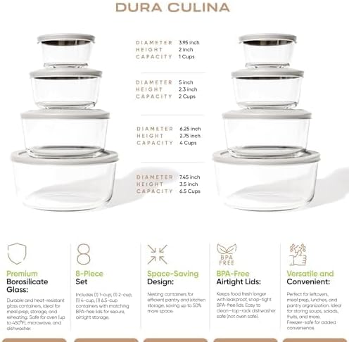 16-Piece Glass Food Storage Containers Set (8 Containers + 8 Lids) | Round, Nesting, Microwave & Dishwasher Safe | BPA-Free, Space-Saving | Grey Lids for Pantry & Kitchen Organization, Grey