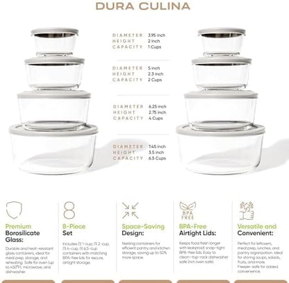 16-Piece Glass Food Storage Containers Set (8 Containers + 8 Lids) | Round, Nesting, Microwave & Dishwasher Safe | BPA-Free, Space-Saving | Grey Lids for Pantry & Kitchen Organization, Grey