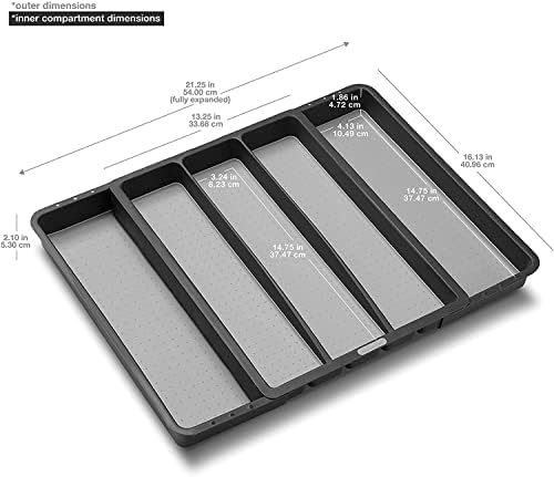madesmart Expandable Utensil Tray, 8 Compartment Organizer for Forks, Knives & Spoons, Deep Storage for Ladles, Whisks & Serving Tools Non Slip, Soft Grip Base, Expands to Fit Most Drawers, Carbon