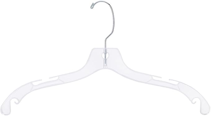 SSWBasics 17 inch Clear Plastic Dress Hangers (Case of 20) - Features a Chrome Swivel Hook and Notched Shoulders - Perfect for Lightweight Fabrics and Can Be Used for Retail Stores