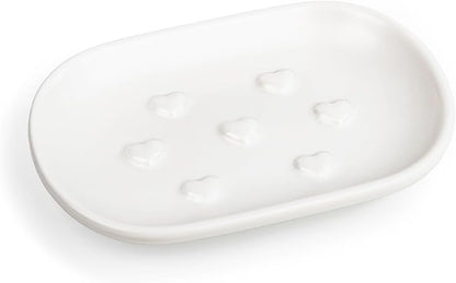 HILLSPRING Ceramic Soap Dish with Heart Bump Design, Keeps Bar Soap Elevated and Dry, Decorative Bar Soap Holder for Bathroom, Kitchen Sink, Vanity, Matte White, 5"x3.5"