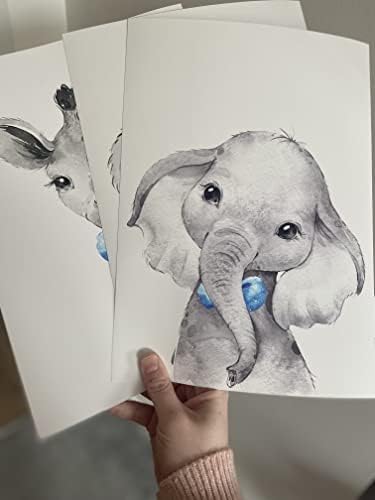 Safari Animals Baby Boys Nursery Set of 3 Unframed Wall Art Prints, Gray Baby Animal Posters with Blue Bow Tie, Elephant Giraffe Lion, Child Bedroom Nursery Decor Posters (12x16) - Image 2
