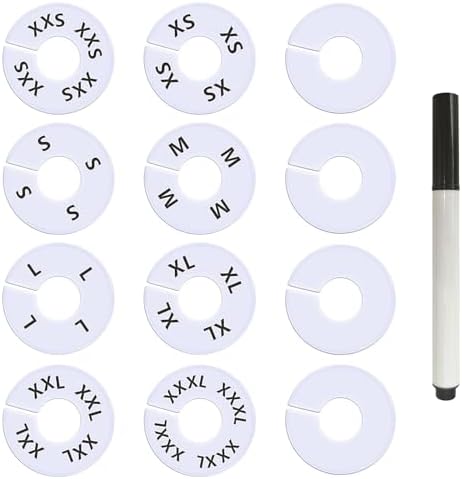 13 Pcs Clothing Rack Size Dividers Round White Plastic Size Markers for Clothing Rack Pre-Labeled (XXS-XXXL) & Blank Dividers & Erasable Pen for Closet, Retail Store, Wardrobe by Unknown
