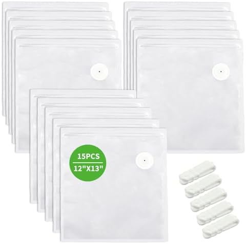 Large Reusable Vacuum Sealer Bags, 15 Pack 12x13 in Zipper Bags, 5 Clip Set by SameTech