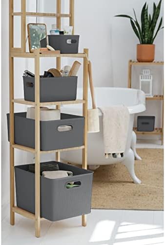 Decorative Plastic Basket Lidded Home Storage Bins Organizer Baskets, X-Large Grey (1 Pack - 22 Liter) Stackable Container Box, for Organizing Closet Storage Bins for Shelves - Ribbed Collection