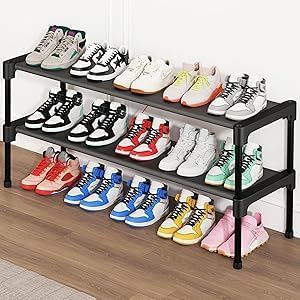 SAN HE Long Shoe Rack-Shoe Organizer 2 Tier Shoe Rack for Closet Front Door Entryway Garage, Stackable Free Standing and Freely Combinable Shoe Storage, Space Saving Small Shoe Shelves.