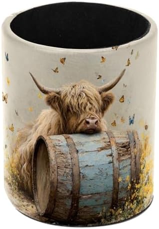 Faux Leather Pen Holder for Desk, Pencil Organizer Highland Cow Pen Cup Desk Decor Makeup Brush Holder Storage for Office Home by DragonBtu