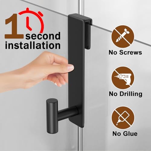 Shower Door Hooks, Heavy Duty Rack Hooks for Robe, Stainless Steel Towel Hooks for Bathroom, Fits Frameless Glass Shower Doors up to 3/8" (10mm) Thick (Black, 2 Pack) - Image 3