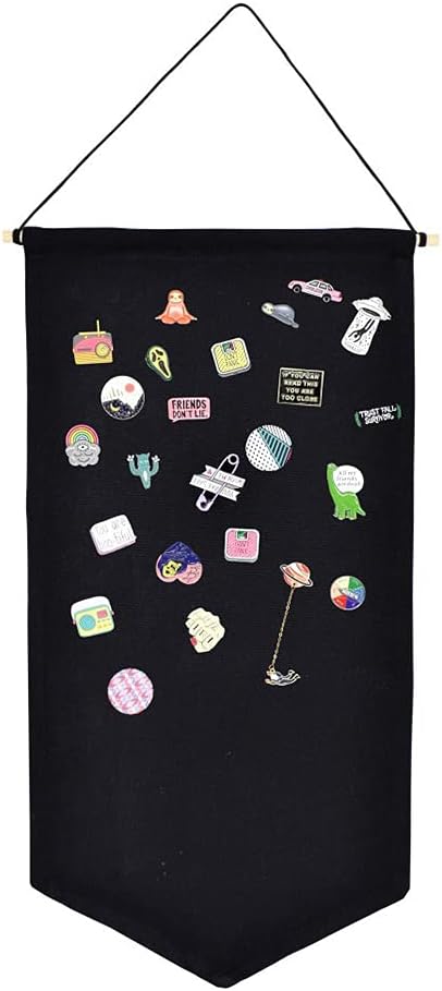 Tookie Hanging Brooch Pin Organizer, Canvas Jewelry Display Pennant, Badge Collection Board Banner Home Party Festival Decorative Storage Holder for Earrings/Necklace/Rings(Black,Size:M)