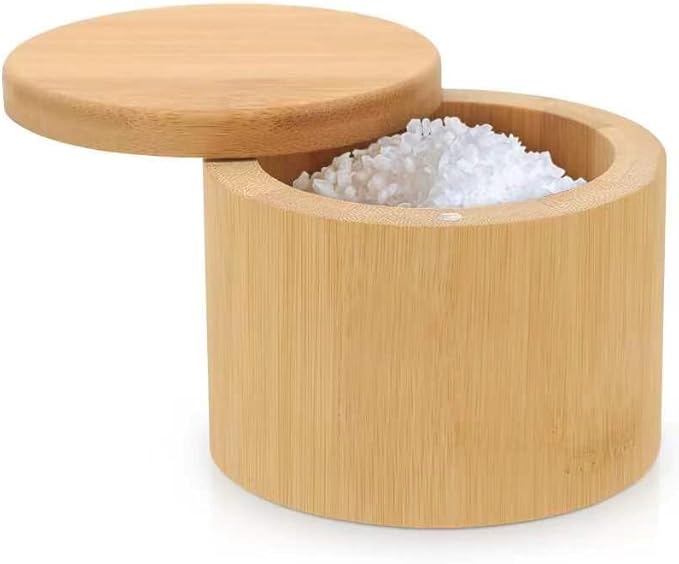 karmiero Salt Cellar, Bamboo Salt Container with Lid, Solid Salt Box Holder with 360° Swivel Lid for Countertop to Store Pepper Spice, Elegant Flaky Salt Containers Bowl on Your Kitchen, 6OZ