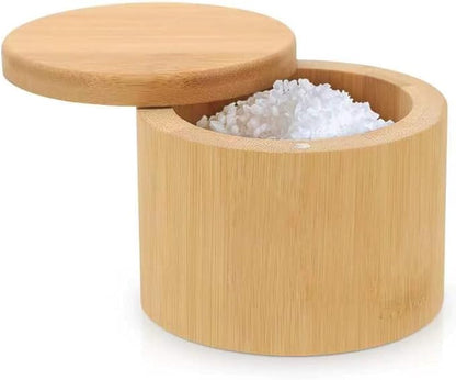 karmiero Salt Cellar, Bamboo Salt Container with Lid, Solid Salt Box Holder with 360° Swivel Lid for Countertop to Store Pepper Spice, Elegant Flaky Salt Containers Bowl on Your Kitchen, 6OZ