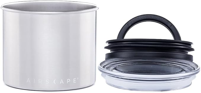 AirScape Planetary Design Stainless Steel Coffee Canister | Food Storage Container | US Patented Airtight Lid | Push Out Excess Air Preserve Food Freshness (Small, Brushed Steel)