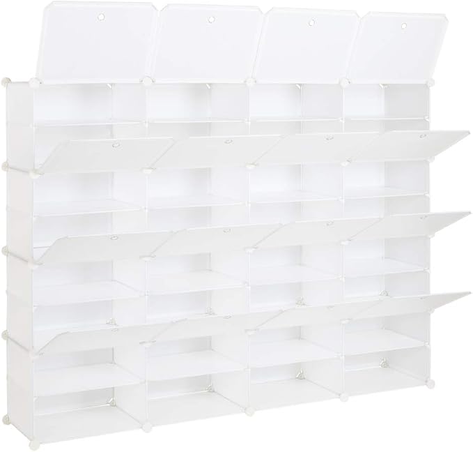 Shoe Rack Organizer, 16 Cube 8 Tier Covered Shoe Storage Cabinet 64 Pairs Freestanding DIY Shoe Shelves Plastic Shoes Rack for Closet Entryway Hallway Bedroom (White3)