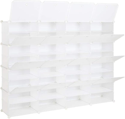 Shoe Rack Organizer, 16 Cube 8 Tier Covered Shoe Storage Cabinet 64 Pairs Freestanding DIY Shoe Shelves Plastic Shoes Rack for Closet Entryway Hallway Bedroom (White3)