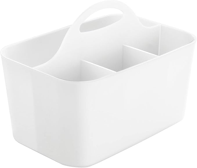 mDesign Plastic Cutlery Storage Organizer Caddy Bin Tote with Handle - Kitchen Cabinet Divided Pantry Basket for Forks, Knives, Spoons, Napkins, Indoor/Outdoor Use, Lumiere Collection, White