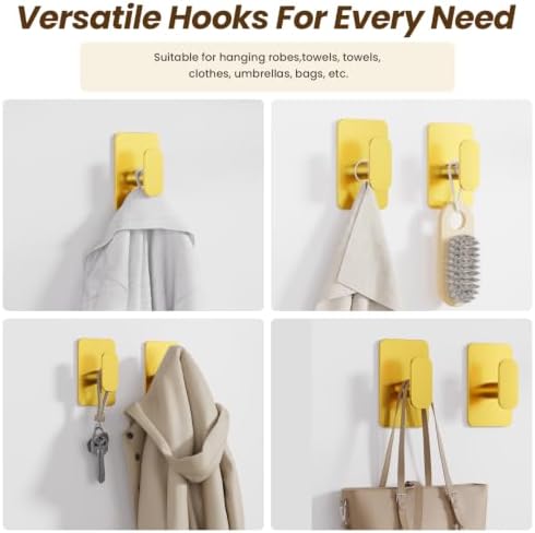 6 Pack Large Heavy Duty Wall Hooks - 26lb Max, Stainless Steel Adhesive Towel Hooks for Hanging Towel, Coat, Robe, Hat, Sticky Towel Holder for Wall Mount in Bathroom, Shower, Kitchen - Gold - Image 7