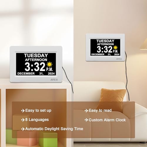 SSYA Digital Calendar Alarm Clock - Dementia Clocks for Seniors, Non-Abbreviated Memory Loss Clock with Date and Time for Elderly (White) - Image 6