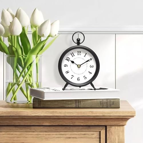 Vintage Black Table Clock on Stand, Decorative Desk and Shelf Clock，Decorative Battery Operated Table Top Clock for Living Room，Silent Non-Ticking(Small) by MACVAD
