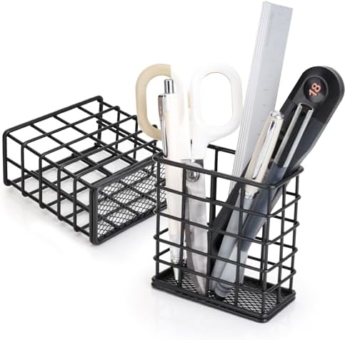 Metal Pencil Holder for Desk, 2 Pack Modern Minimalist Black Wire Pen Organizers with Mesh Bottom for Office Classroom School Home (Grid-like Design) by Unknown