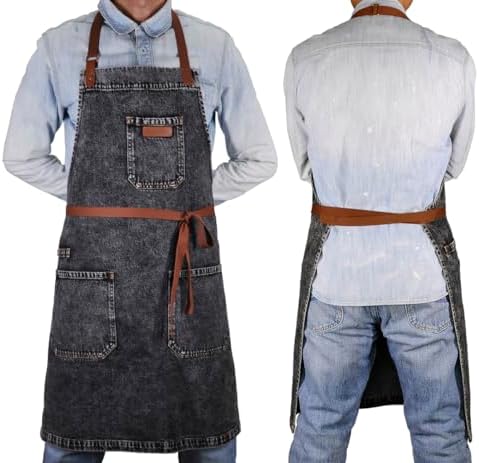 Black Denim Grill Apron with Pockets & Towel Loop for Men Women - Image 2